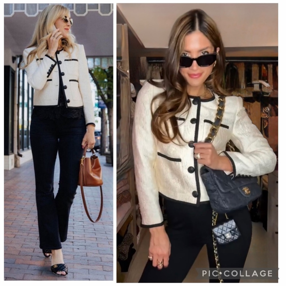 VERONICA BEARD | Darla Textured Ecru Cream Jacket Black Trim Size 6 - Picture 4 of 14
